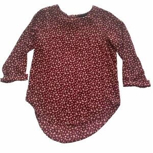 Forever 21 Sz S Floral Maroon Pink Blouse Three Quarter Sleeve Peasant Feminine
